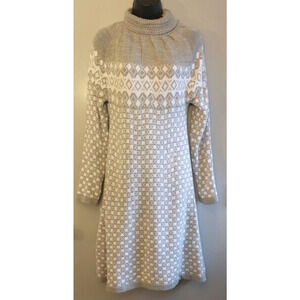 Soft Knit Midi Dress Grey White Geometric Pattern A-Line Turtleneck Large XLarge